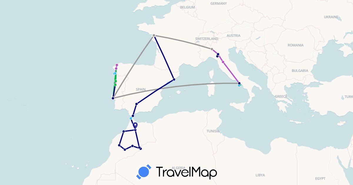 TravelMap itinerary: driving, bus, plane, train, boat in Spain, France, Italy, Morocco, Portugal (Africa, Europe)
