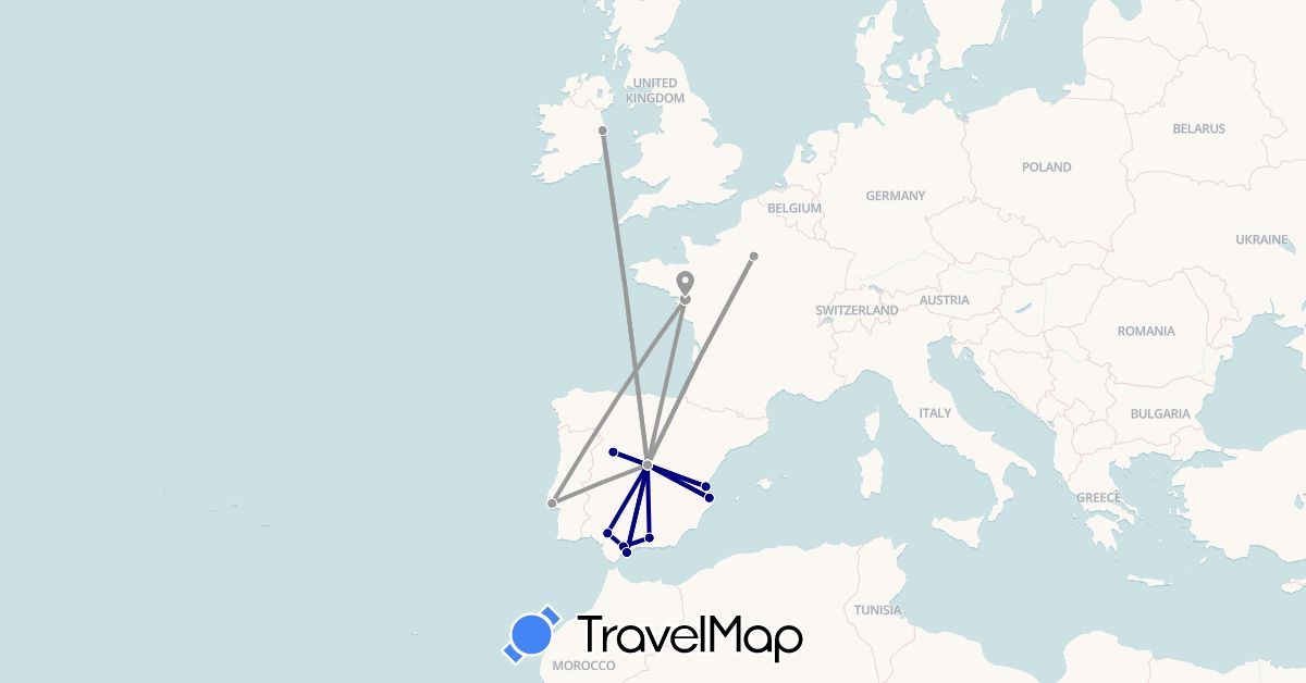 TravelMap itinerary: driving, plane in Spain, France, Ireland, Portugal (Europe)